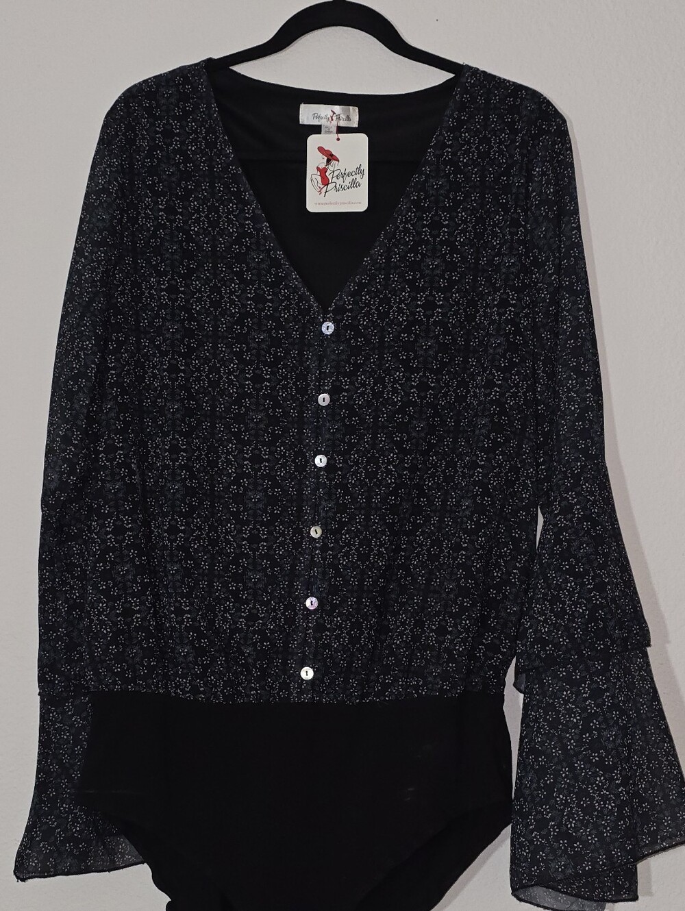 Timeless Black Patterned V-Neck Button Bodysuit - Sweetly Violette